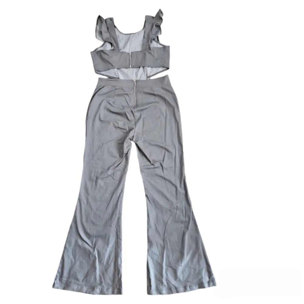 Women's Flutter Ruffle Trim Cutout Waist Jumpsuit Gray